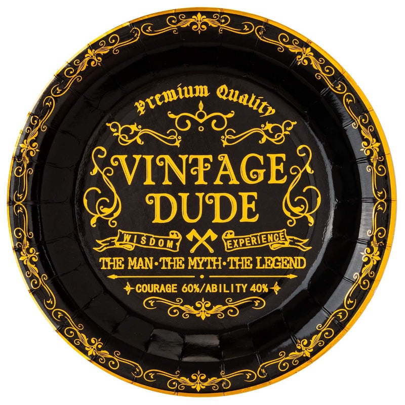 Crisky Vintage Dude Disposable Plates for Men Birthday Decorations Black Gold Dessert, Buffet, Cake, Lunch, Dinner Disposable Plates Men Birthday Party Table Supples, 50 Count, 9 inches - Image 1